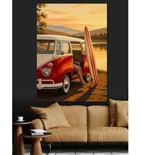 Sahilde Vintage Minibüs Kamp Dekoratif Kanvas - Mdf Ahşap Tablo