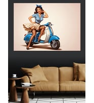 Mavi Beyaz Scooter Motosikletli Retro Kadın Vintage Dekoratif Kanvas - Mdf Ahşap Tablo
