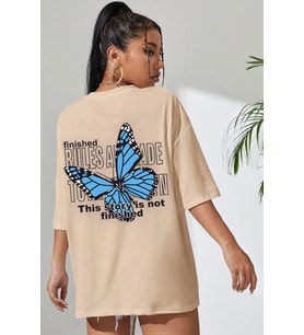 Unisex Kelebek Baskılı T-shirt (Bej)