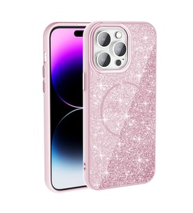 Apple iPhone 14 Pro Max Uyumlu Kılıf M-safe Şarj Özellikli Parlayan Simli Zore Okso Kapak (Pembe)