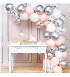 Pembe Beyaz Gümüş Krom Konfetili Balon Zincir Seti 5 Metre 102 Parça-
