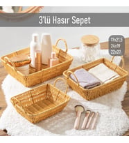 Porsima 301-C Dikdörtgen 3'lü Hasır Sepet Dekoratif Ev Düzenleyici Kendinden Kulplu Hasır Sepet Seti Banyo Düzenleyici Sepet