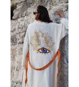 Müslin Kimono %100 Pamuklu Yoga Meditasyon Baskılı Desenli Bornoz Kaftan Sabahlık (Ekru)