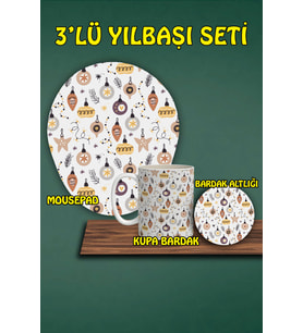 Yılbaşı Temalı 3'lü Bilek Destekli Mousepad Kupa Ve Bardak Altlığı Seti