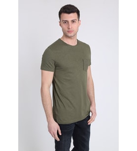 Erkek Basic Slim Fit Yuvarlak Yaka Cepli T-Shirt 21Y-3400745-1 Haki