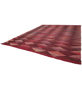 Kırmızı Halı Bohem Stil Geometrik Motifli Dokulu Salon Halısı El Dokuma Yün Pamuk
