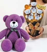 Kişiye Özel Led Işıklı Tasarım Peluş Ayıcık Buketi ve 50 cm Büyük Boy Mor Peluş Ayıcık Seti