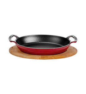 Lava Döküm Oval Sahan Döküm Demir Yekpare Çift Kulplu Kayın Servis Ahşabı Ölçü 23x17cm. (Kırmızı)