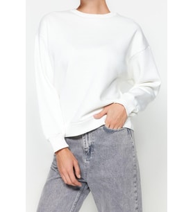 Regular Bisiklet Yaka Düşük Kol Regular Kalın İçi Polarlı Normal Kalıp Basic Örme Sweatshirt
