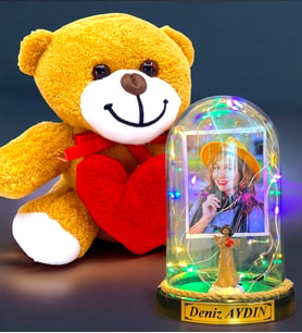 Size Özel Renkli Led Işıklı Fanus ve Kalpli Peluş Ayıcık Hediye Seti (Model 5)