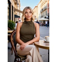 Kadın Bluz Yüksek Degaje Yaka Kolsuz Simli Esnek Örme Fitted Kalıp Düz Desen Regular Boy Şık