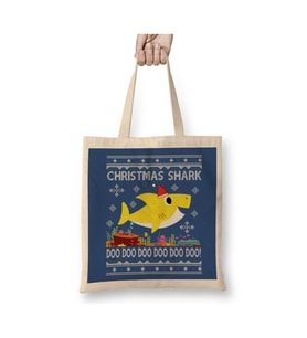 Baby Shark Christmas Knit Yılbaşı Beyaz Bez Çanta Uzun Saplı Alışveriş Çantası