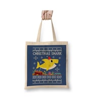 Baby Shark Christmas Knit Yılbaşı Beyaz Bez Çanta Uzun Saplı Alışveriş Çantası