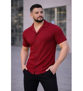 Erkek Waffle Kumaş Kısa Kollu Düğmeli Açık Yaka Regular Fit Gömlek - Kırmızı