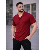 Erkek Waffle Kumaş Kısa Kollu Düğmeli Açık Yaka Regular Fit Gömlek - Kırmızı