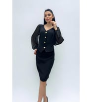 Double Kumaş Düğme Detaylı Kolları Şifon Kalem Elbise - SİYAH