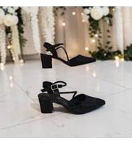 Fiyra 7012 Siyah Simli taşlı Kalın Kare Topuk Abiye Stiletto Ayakkabı