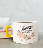 BK Gift Kişiye Özel Babalar Günü Tasarımlı Sarı Kulplu Çay & Kahve Fincanı-10, Babaya Hediye, Babalar Günü Hediyesi
