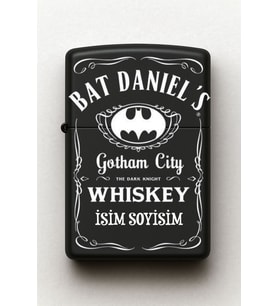 Batman Gotham City Desenli Kişiye Özel İsimli Siyah Benzinli Metal Çakmak
