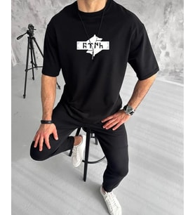 Erkek Kısa Kol Yazlık Tişört Bisiklet Yaka Baskılı Oversize T-Shirt - Siyah