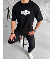Erkek Kısa Kol Yazlık Tişört Bisiklet Yaka Baskılı Oversize T-Shirt - Siyah