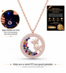 925 Ayar Gümüş Renkli Taşlı Kelebek Yuvası Kolye - Büyük Boy LED Işıklı Takı Kutulu