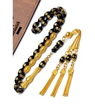 24k Altın Kaplama Gümüş Aksesuarlı Harfli 7x11mm Sarmal Kuka Tesbih (Siyah)
