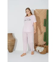 Estiva 24073 Büyük Beden Kadın Kısa Kol Pijama Takım (Pembe)