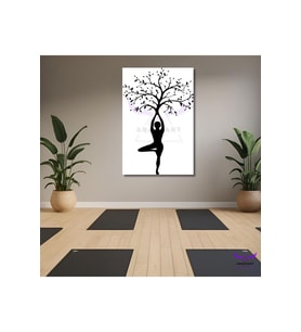 Tekli Dikey Kanvas Yoga Meditasyon Yapan İnsan Figürü ve Ağaç