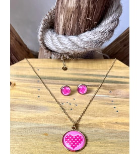 316L Çelik Pembe Kalp Figürlü Kolye Küpe Hediyelik Set