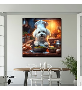Kare Kanvas Mutfak Tablosu Aşçı Hayvanlar Beyaz Maltese Köpek