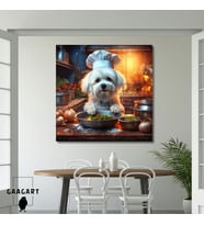 Kare Kanvas Mutfak Tablosu Aşçı Hayvanlar Beyaz Maltese Köpek