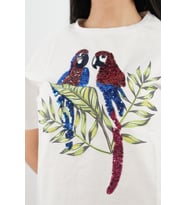 BEYAZ PUL İŞLEMELİ PAPAĞAN DESEN T-SHIRT T-59