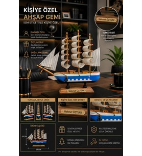 İsime Kişiye Özel Dekoratif Premium Ahşap El Yapımı Yelkenli Gemi Maketi 24 x 24CM Biblo Hediye 529C