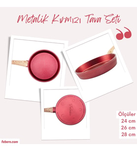Febern Premium Bio Granit Alüminyum Döküm Nisch Tava Seti (Metalik Kırmızı-Açık Ahşap Kulp) (Siyah)
