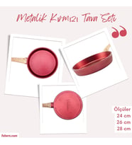 Febern Premium Bio Granit Alüminyum Döküm Nisch Tava Seti (Metalik Kırmızı-Açık Ahşap Kulp) (Siyah)
