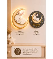 Ahşap Aylı Tavşanlı İsme Özel Pilli Ledli Gece Lambası ve Ahşap Kapı Süsü Seti Bebek Çocuk Odası