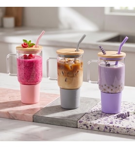 1000 ml Cam Matara Kupa Bardak - Bambu Kapaklı - Silikon Kılıflı - Çelik Pipetli