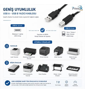 USB Yazıcı Kablosu, USB-A to USB-B Printer Kablo, Yazıcı Tarayıcı Fotokopi Cihazı Bağlantı Kablosu, PC Laptop USB-B Girişli Yazıcılar ile Uyumlu