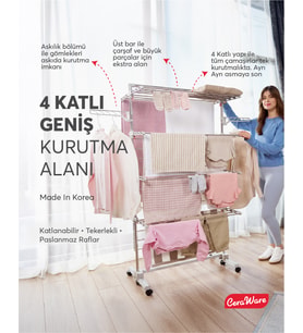 Home S4 Premium 4 Katlı Çamaşırlık Made in Korea Tam Katlanır Tekerlekli Çamaşır Kurutmalık