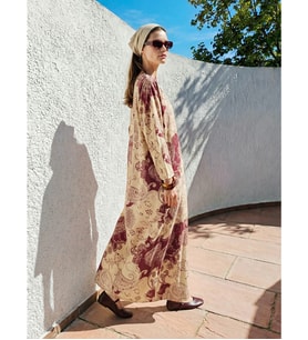 LCW Modest Pembe V Yaka Etnik Desenli Kaftan Elbise