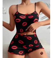 Lily Pembe Siyah Pembe Öpücük Desenli %100 Pamuk İnce Askılı Büstiyer Şort Takım (Siyah)