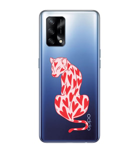 Oppo A74 Uyumlu Çita ve Kalp Desenli Şeffaf Telefon Kılıfı
