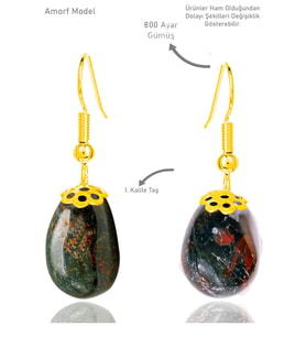 Sertifikalı Amorf Model Kan Taşı Küpe (Heliotrop Taşı) - Gold Renkli (Yeşil-Siyah)