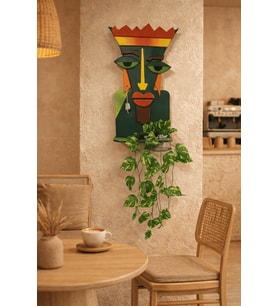 Bohem Stil Soyut Yüz Figürlü Ahşap Duvar Panosu Saksı Dahil 70x35 cm Modern Tablo