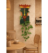 Bohem Stil Soyut Yüz Figürlü Ahşap Duvar Panosu Saksı Dahil 70x35 cm Modern Tablo