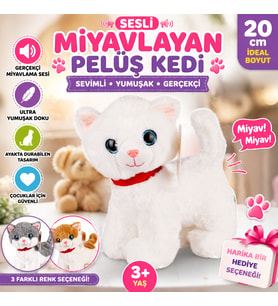 Sesli Miyavlayan Peluş Kedi 20 cm Yumuşak Sevimli Ayakta İnteraktif Oyuncak