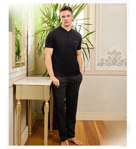 Pijamoni Erkek Düğme Yaka Kısa Kol  Pijama Takımı 6850/12 - 1 Adet (Siyah)