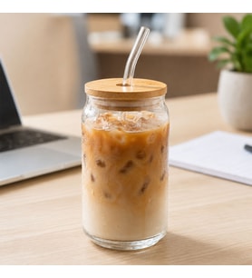 BK Gift Bambu Kapaklı Pipetli 540 Ml Cam Bardak, Iced Coffee ve Soğuk İçecek Bardağı