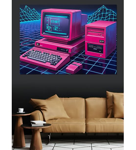 Neon Pembe Eski Bilgisayar Dekoratif Kanvas - Mdf Ahşap Tablo